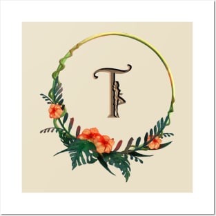 Letter t in circular frame with girl figure and tropical flowers Posters and Art